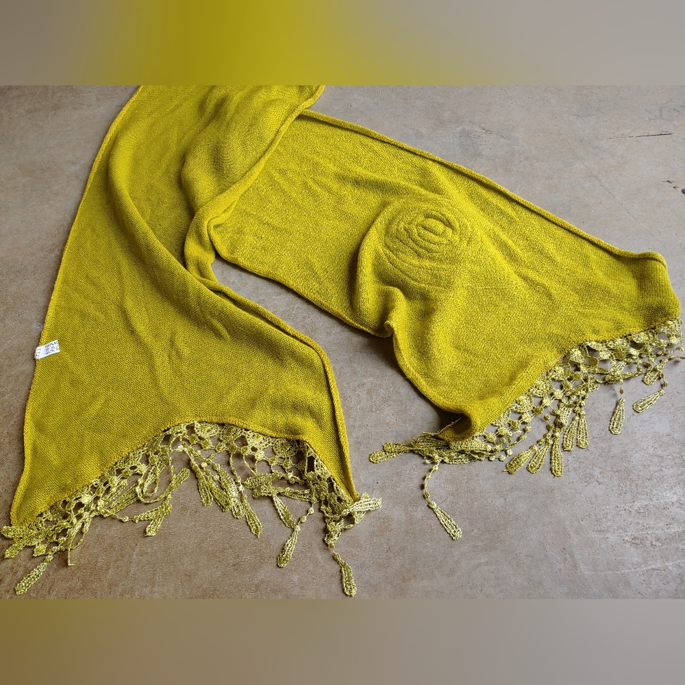 Vintage Floral Bohemian Whimsigoth Mustard Rose Lace Trim Long Scarf | Preppy - Picture 16 of 17